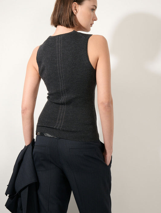 Anthracite merino wool lace-trim tank top