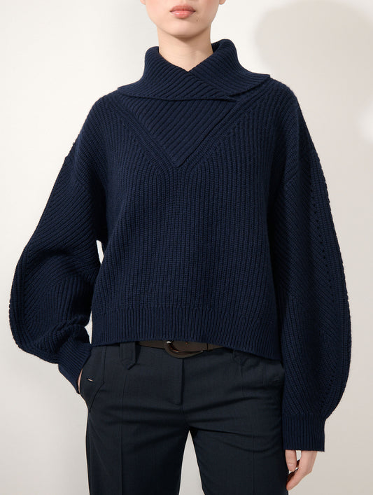 Navy yak wool and cashmere zip-neck sweater