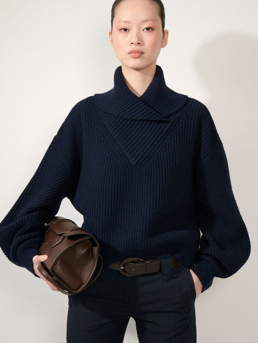 Navy yak wool and cashmere zip-neck sweater