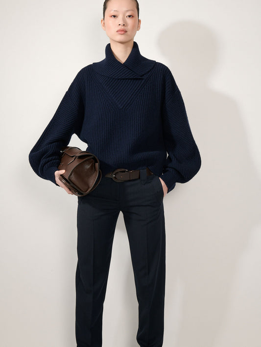 Navy yak wool and cashmere zip-neck sweater