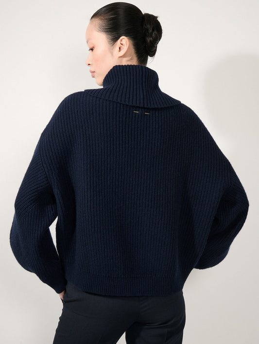 Navy yak wool and cashmere zip-neck sweater