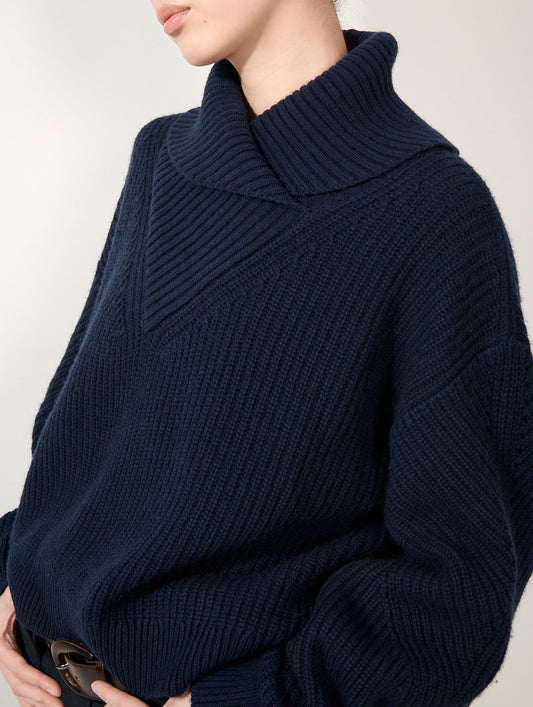 Navy yak wool and cashmere zip-neck sweater