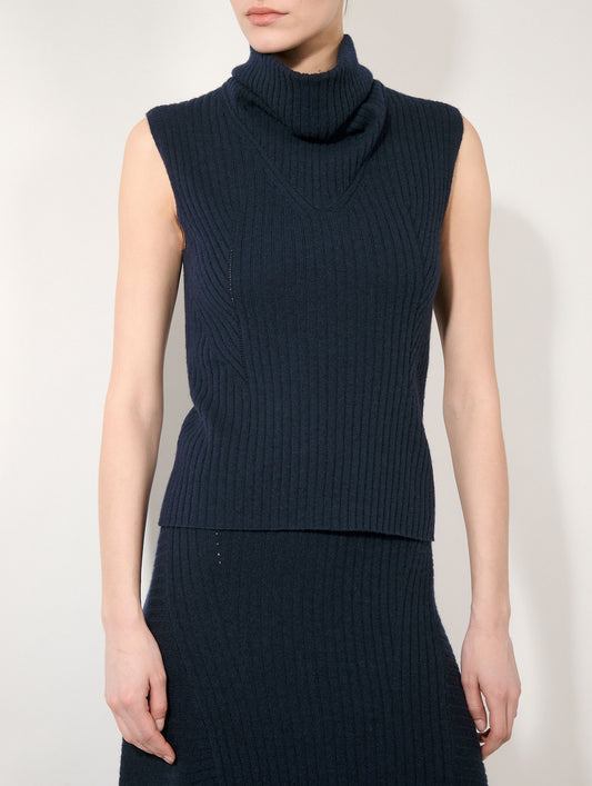 Navy wool and cashmere sleeveless sweater