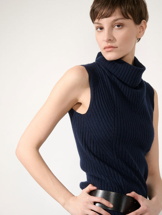 Navy wool and cashmere sleeveless sweater