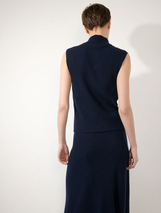 Navy wool and cashmere sleeveless sweater