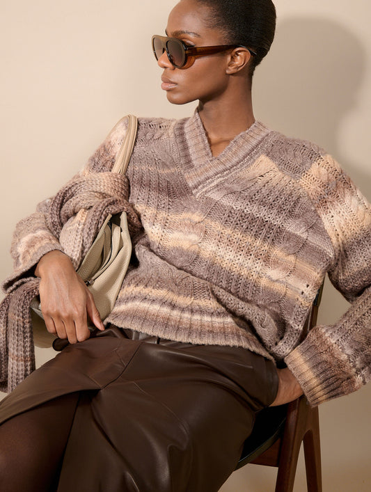 Gradient cable-knit V-neck sweater