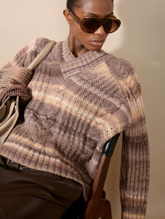 Gradient cable-knit V-neck sweater