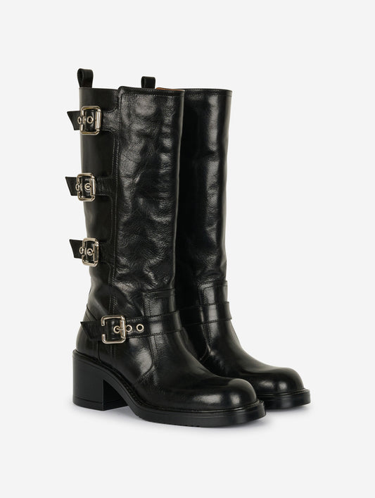 Black vintage leather multi-buckle boots