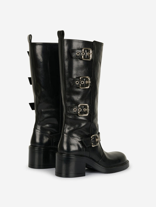 Black vintage leather multi-buckle boots