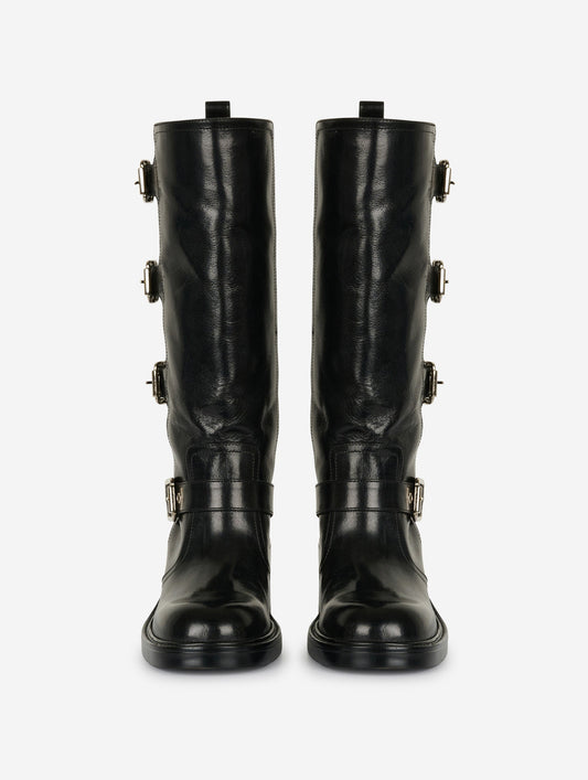 Black vintage leather multi-buckle boots