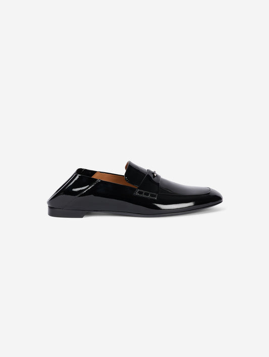 Black patent leather backless loafers