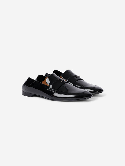 Black patent leather backless loafers