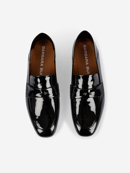 Black patent leather backless loafers