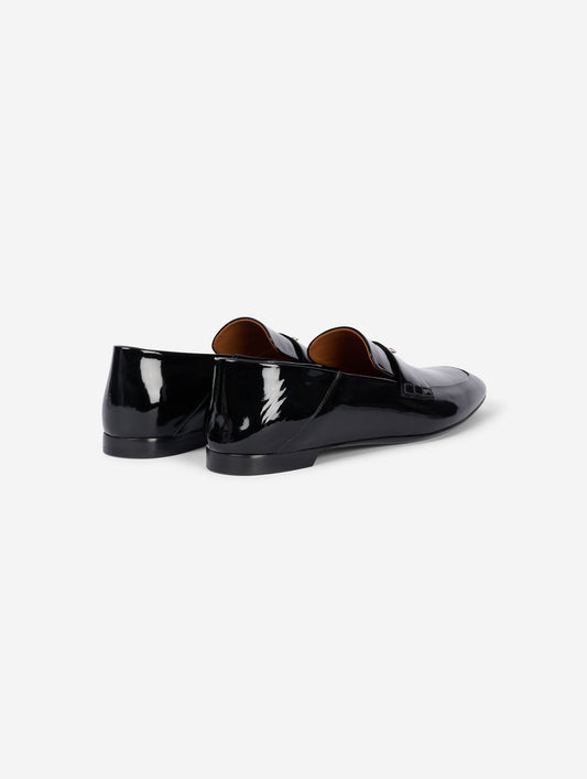 Black patent leather backless loafers