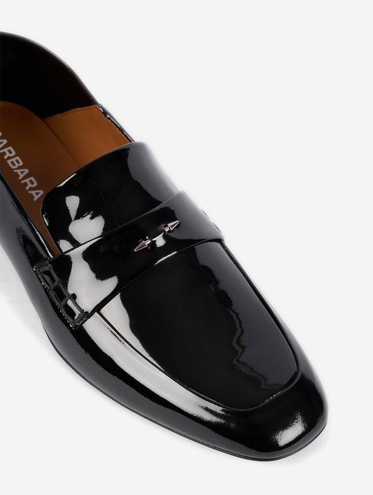 Black patent leather backless loafers