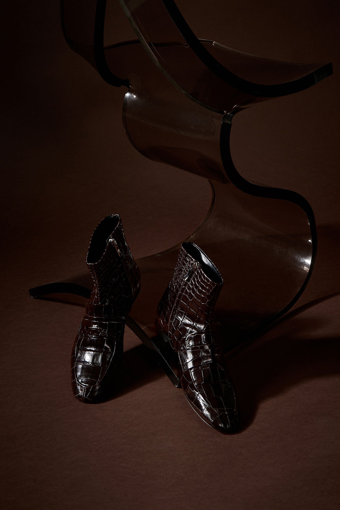 Chocolate embossed leather ankle boots