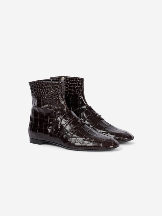 Chocolate embossed leather ankle boots