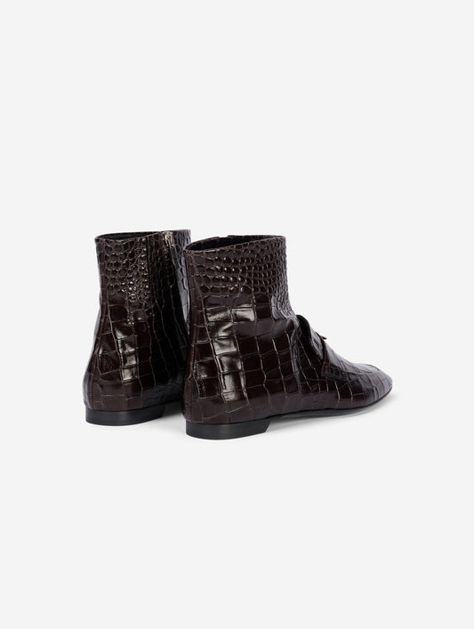 Chocolate embossed leather ankle boots