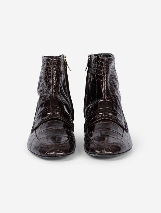 Chocolate embossed leather ankle boots