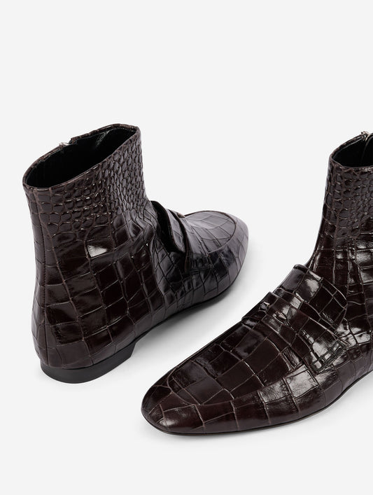 Chocolate embossed leather ankle boots