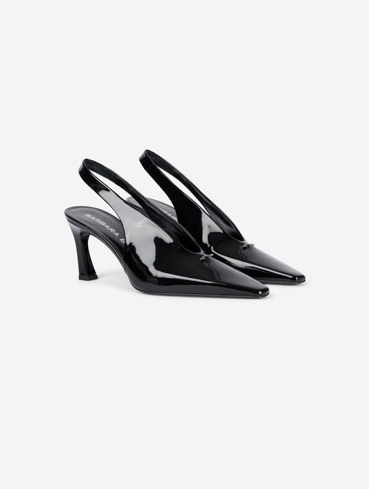 Black patent leather slingback pumps