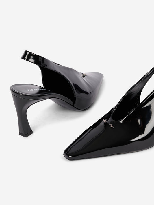 Black patent leather slingback pumps