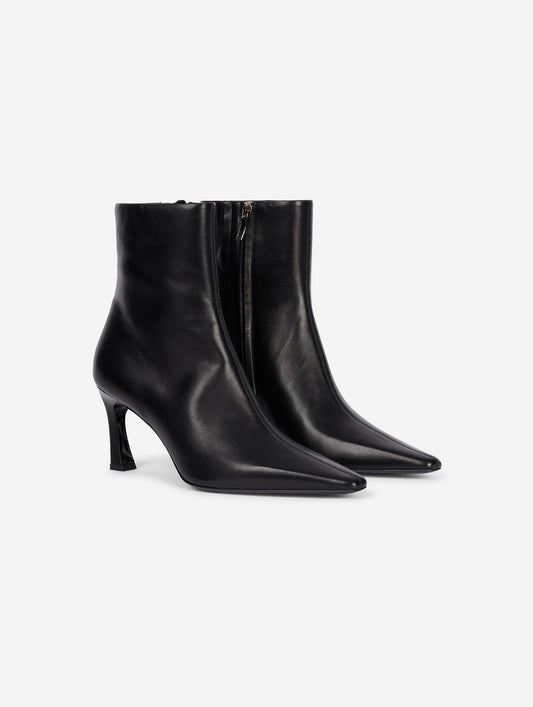 Black leather zip-up comma-heel ankle boots