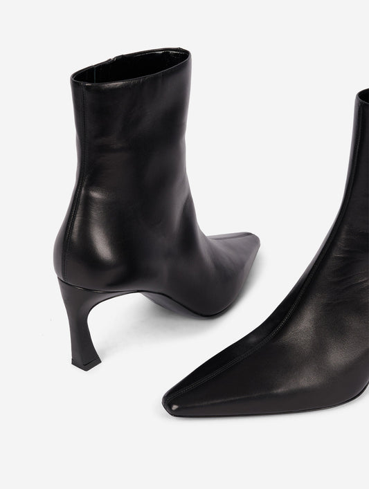 Black leather zip-up comma-heel ankle boots