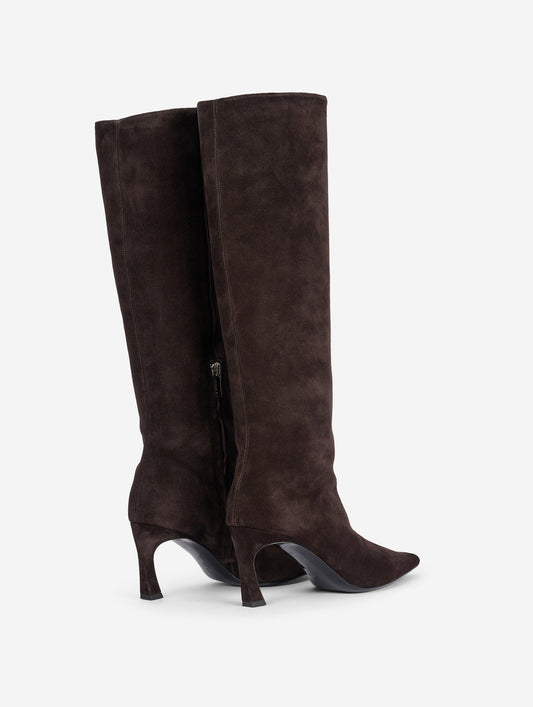 Brown suede comma-heel boots