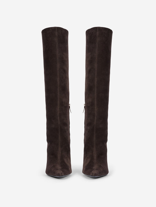 Brown suede comma-heel boots