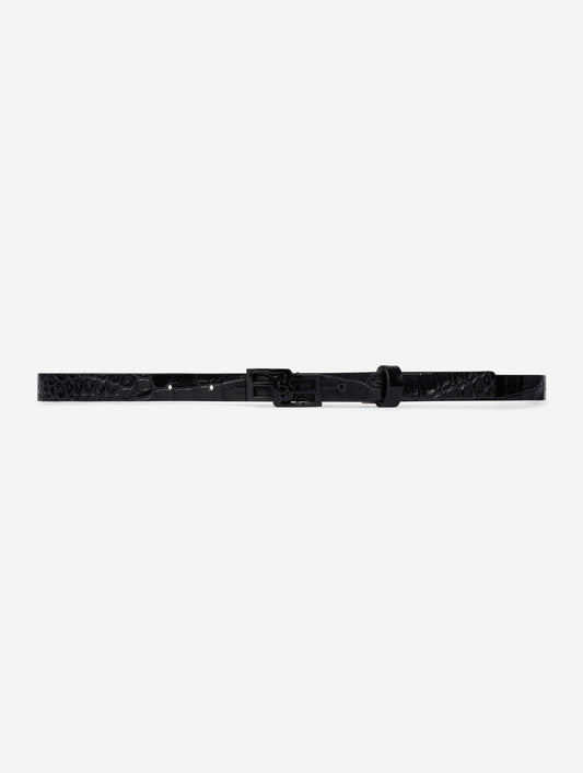 Black embossed leather slim belt