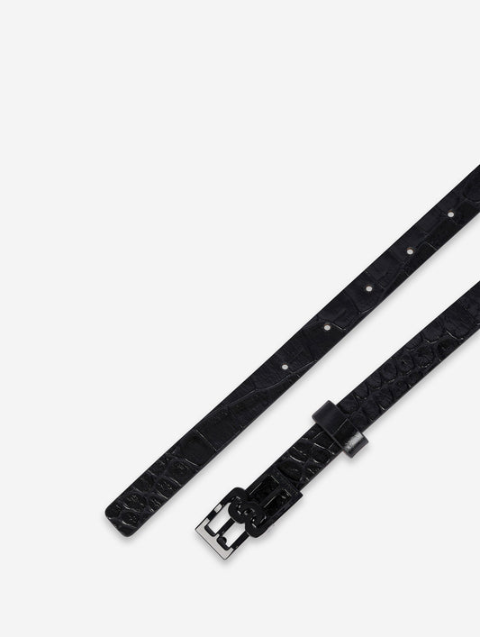 Black embossed leather slim belt