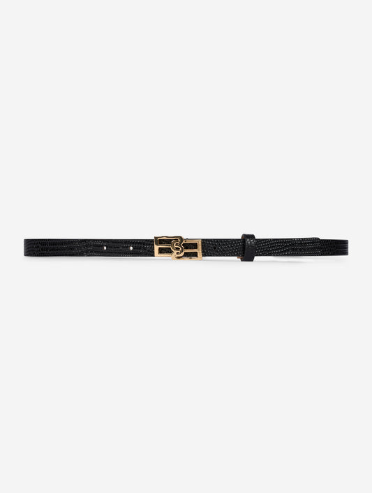 Black embossed leather slim belt
