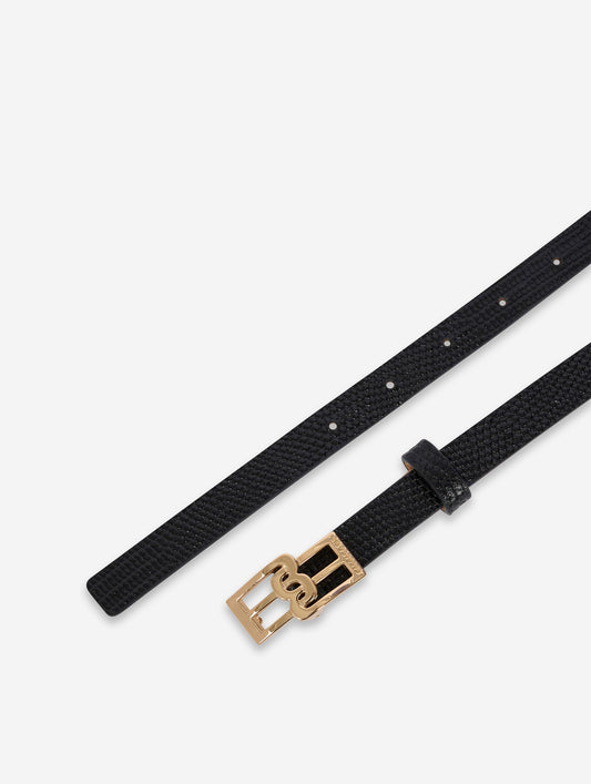 Black embossed leather slim belt