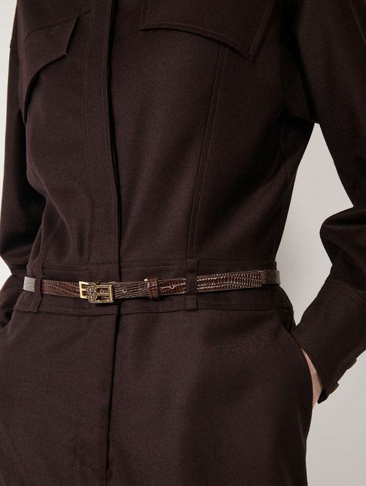 Chocolate embossed leather slim belt