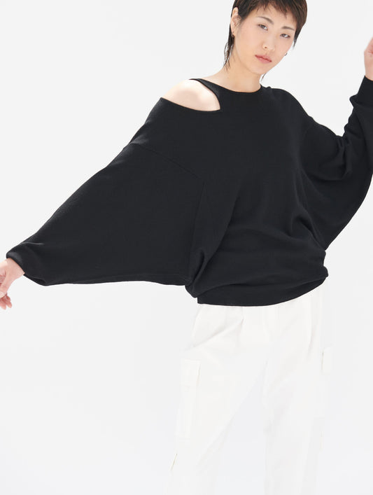 Black merino wool openwork shoulder sweater